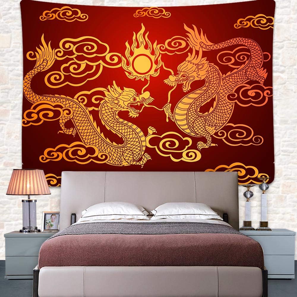 Traditional Chinese Dragon Tapestry, Double Dragons Chasing the Sun with Clouds Wall Hanging for Aesthetic Room Decor