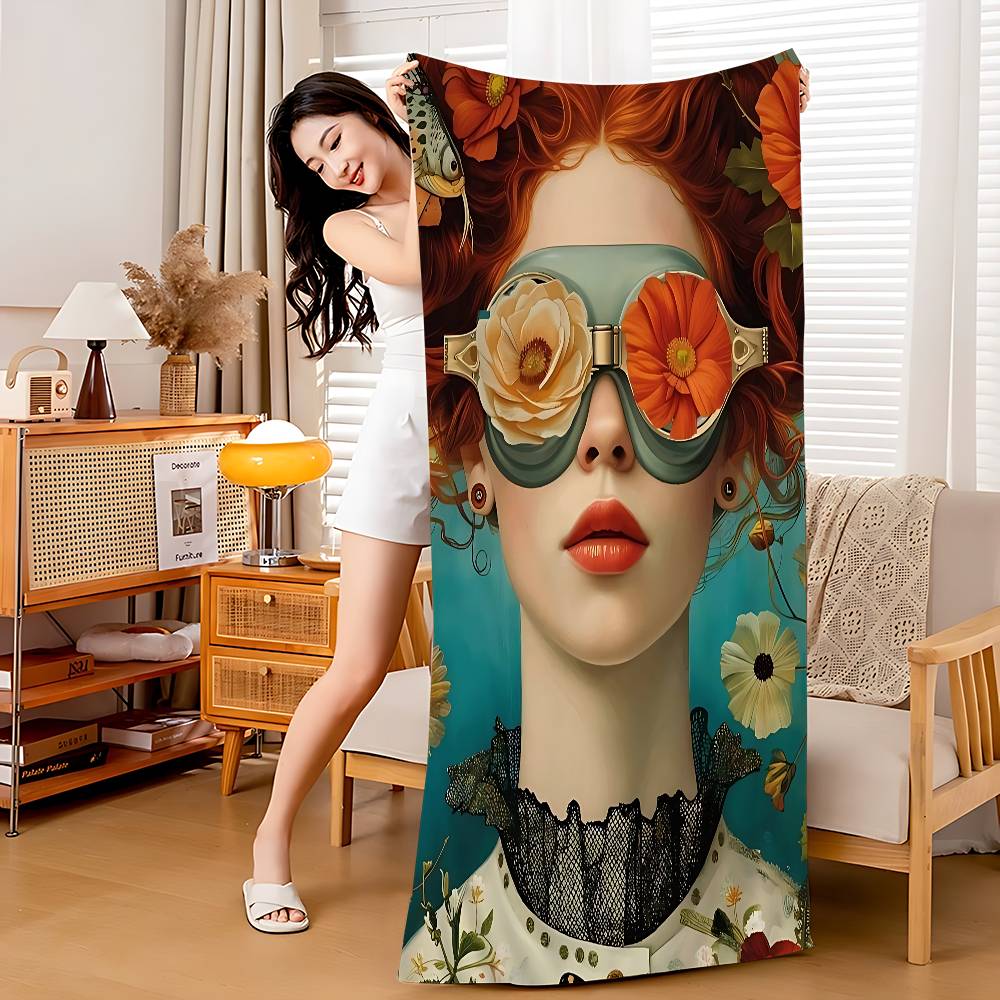 1pc Nordic Boho Fashion Glasses Woman With Flowers Beach Towel Bath Towels For Microfiber Quick Dry Sand Yoga Gym Pool