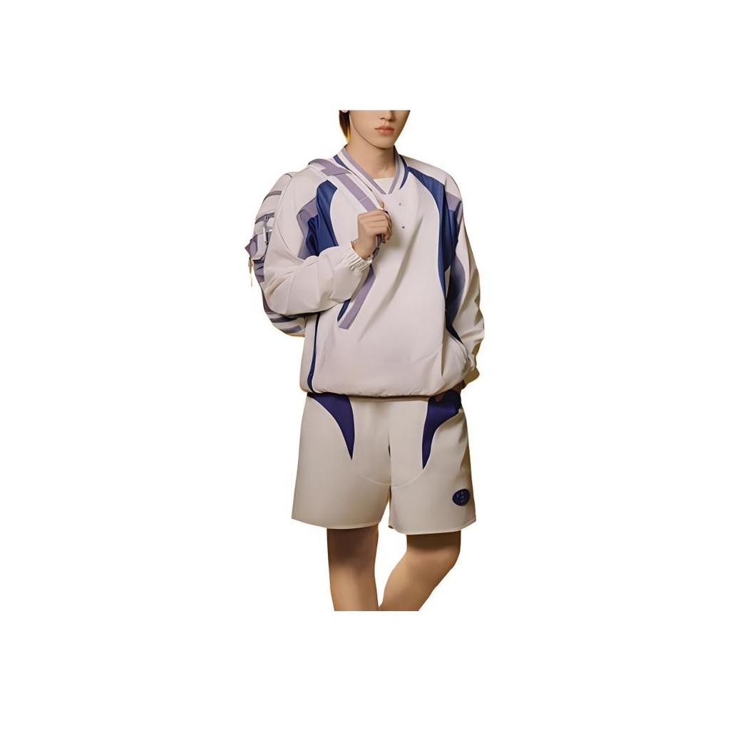 Li Ning Color Block Letter Stand Collar Pullover Sports Loose Sweatshirt Men Sweatshirt Off-White Shadow-Purple Blue ATLU035-1