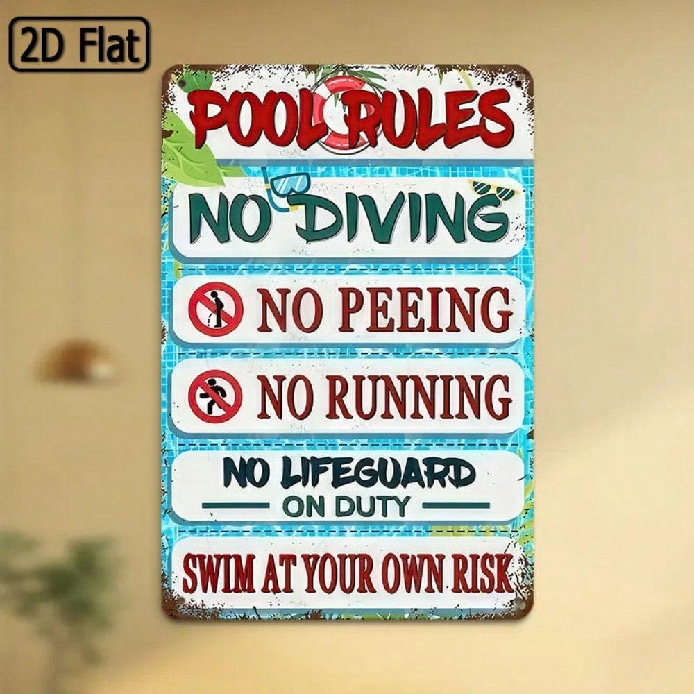 Funny Pool Rules Metal Sign Tropical Leaf Design 8x12 Inch Wall Decor Pre Drilled Holes 20x30