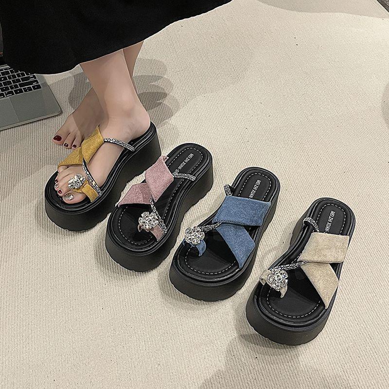

French platform fairy wind outside slippers female 2025 summer new rhinestone one-word set toe crystal flower sandals 40 синий