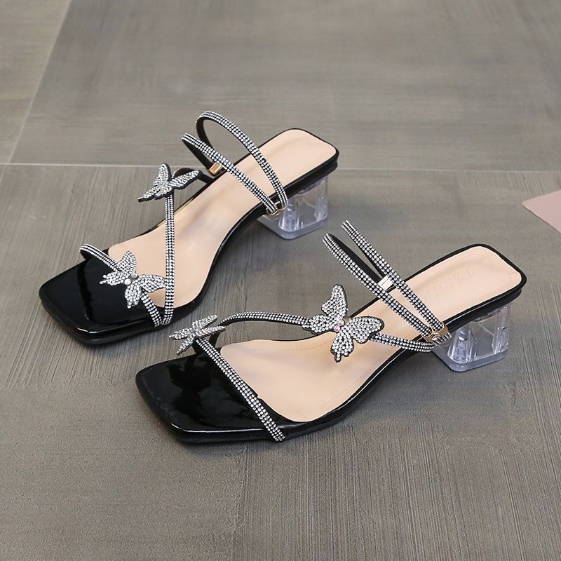 Crystal Rhinestone Butterfly Thick Heel Two Wear Set of Toe Slippers Sandals Summer New Fashion Women