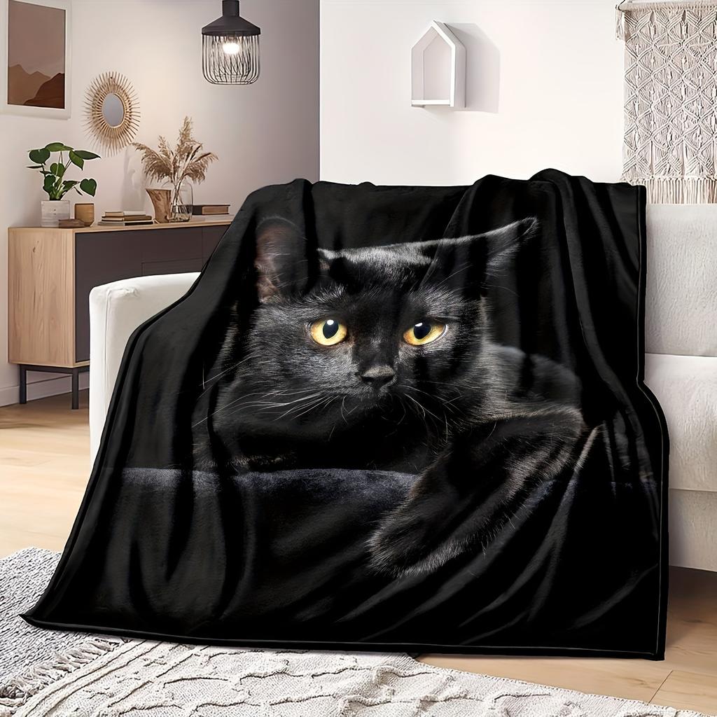 Schwarze Katze Druck Flanelldecke Weicher Warmer Überwurf für Couch Sofa Büro Bett Camping Reisen Gemütliche Nickerchen Decke
