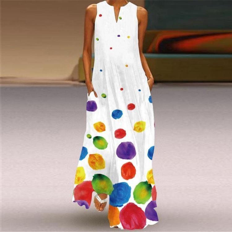 Retro Summer Sleeveless V Neck Multicolor Fashion Maxi Dress