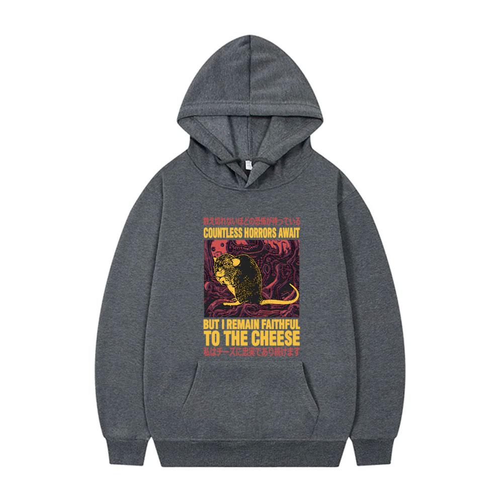 Countless Horrors Await But I Remain Faithful To The Cheese Hoodie Funny Japanese Rat Print Tracksuit Men Casual Vintage Hoodies