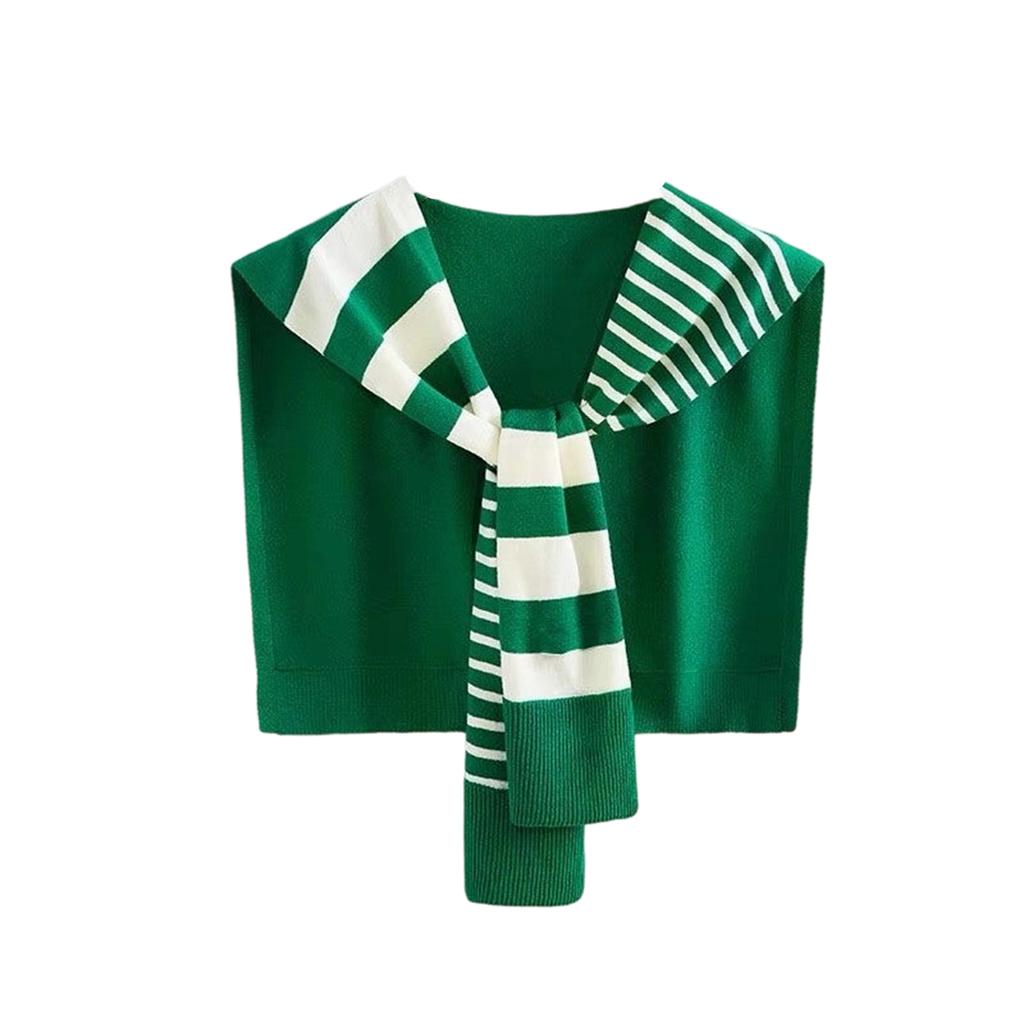 Ladies' Fashionable Shirt Draped Over A Shawl, Paired With A Striped Knitted Scarf