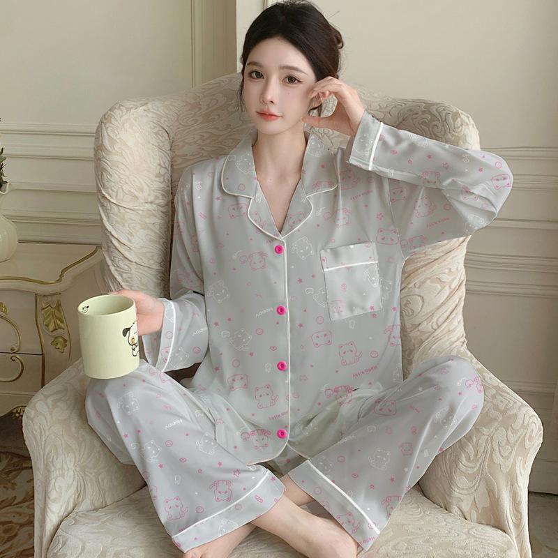 Silky Ice Silk Pajamas Women'S Spring And Autumn Cartoon Jiyika Wow Small Eight Long-Sleeved Casual Loungewear Two-Piece Set