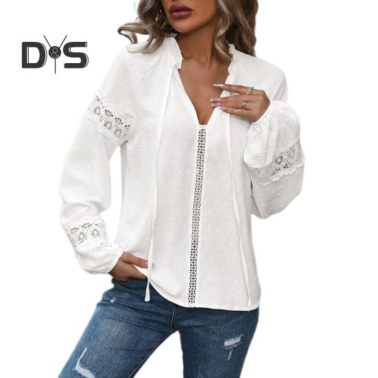 

Женская рубашка с круглым вырезом и длинным рукавом-фонариком, пуловер, топы из однотонного жаккардового узора, кружевная отделка, блузка на шнуровке S белый