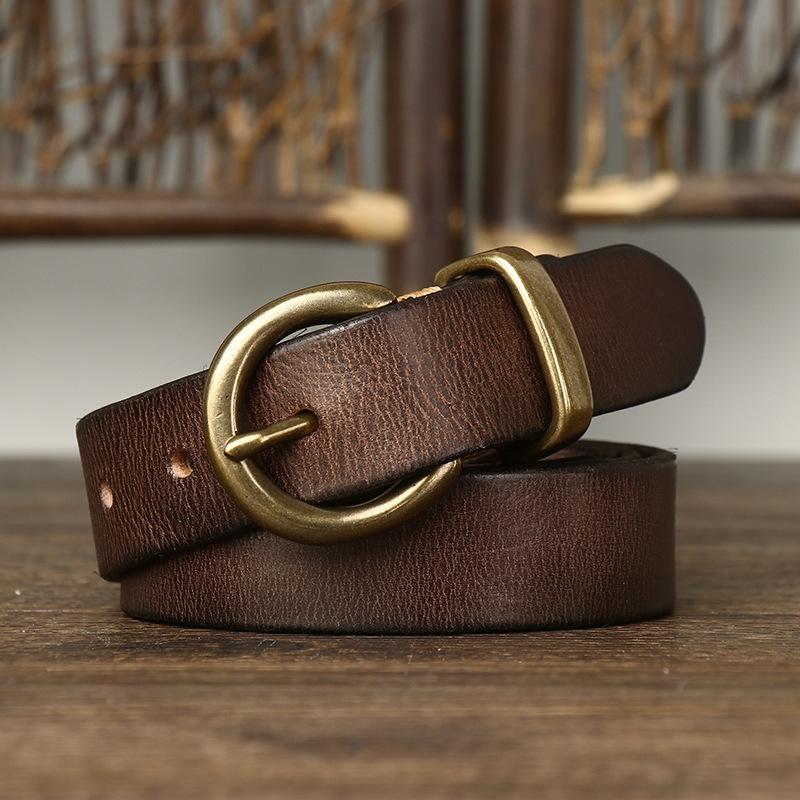Women's Belt Vintage Crumpled Korean Style Fashion All-Matching Brass Buckle Genuine Leather Jeans Belt Women's
