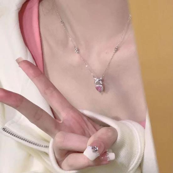 Women Necklace Sparkling Rhinestones Heart Bow Design Pendant Necklace Valentine Day Anniversary Jewelry Gift