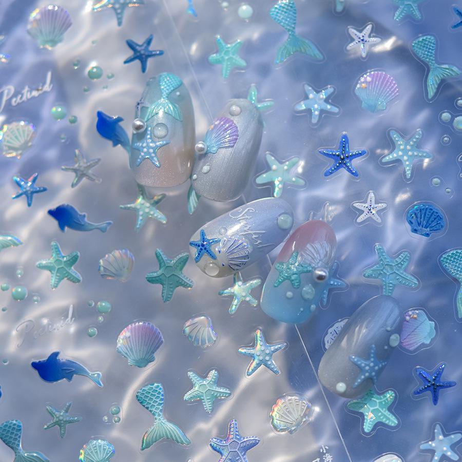 Gradient Blue Iridescent Seashell & Starfish Nail Art Stickers