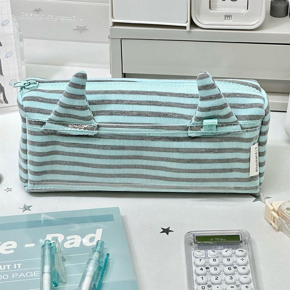 INS Mint Green Stripe Pencil Case Large Capacity Devil Horn Pen Bag with Transparent Pocket Stationery Bag Students
