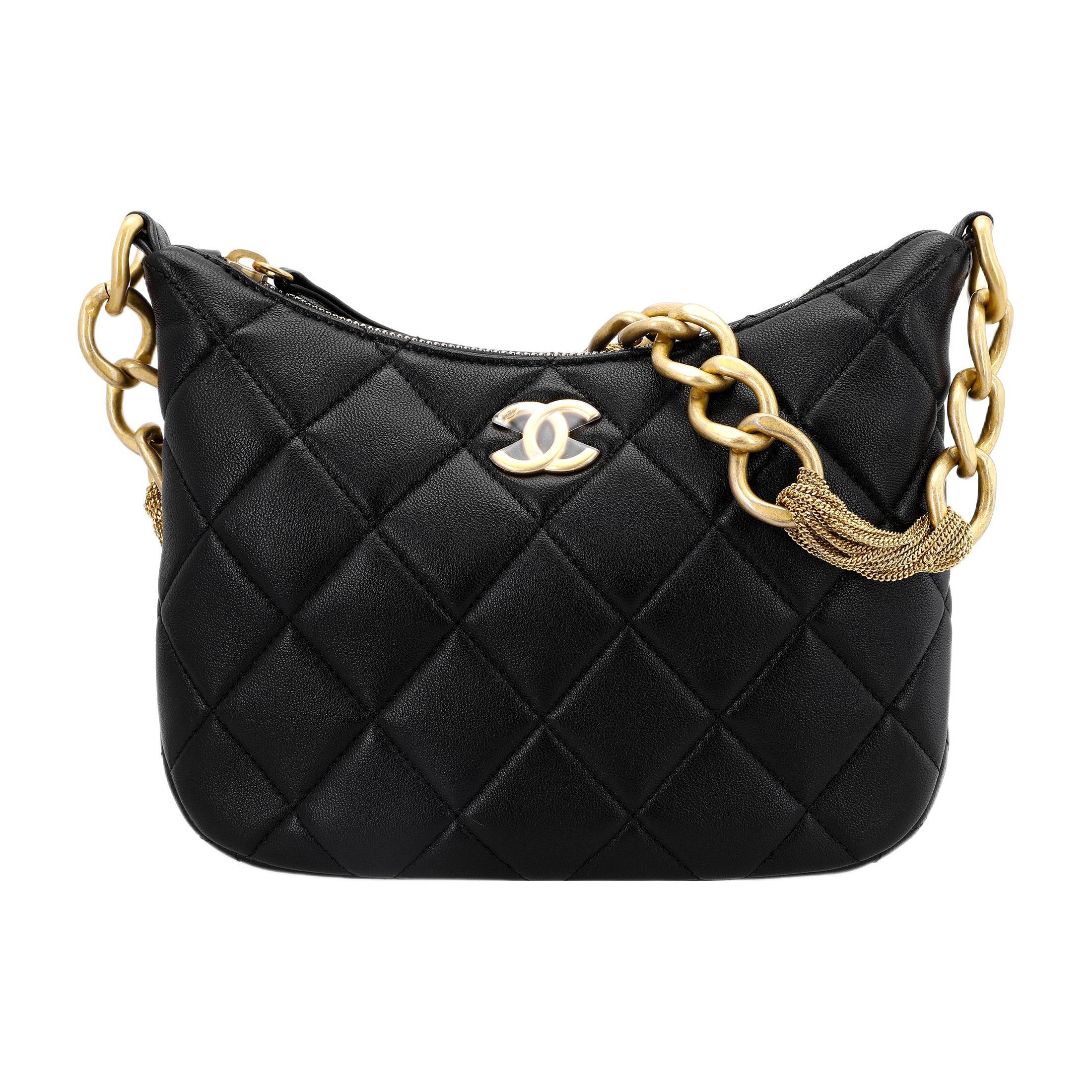 

Chanel 23a Fringed Gold Chain Diamond Pattern Hobo Sheepskin Material Gold Hardware Shoulder Bag Regular Female Black Shopping Bag Set(Basic Set+Shopping Bag) чорний