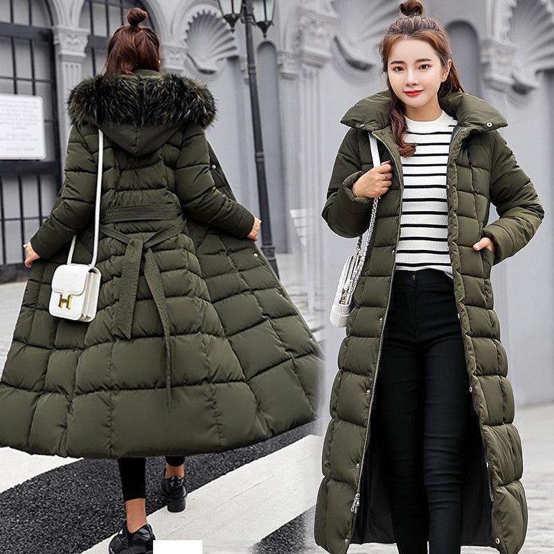 Cotton-padded women's winter new long knee-length down cotton-padded women's big fur collar slim-fitting thickened padded jacket women