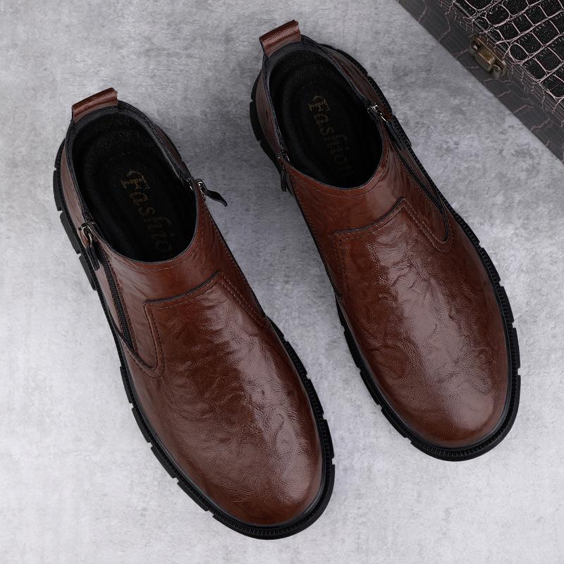 Men's British Style High-Top Leather Winter Boots with Velvet - Trendy Motorcycle Mid-Top Workwear.