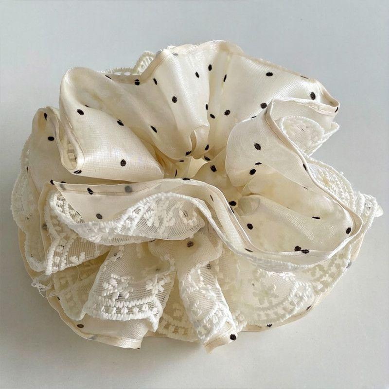 Beige Lace & Black Heart Polka Dot Scrunchie with Flower Design - High Elastic Hair Tie