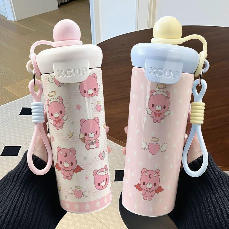 Cute Pink Bear Insulated Water Bottle, Leakproof Stainless Steel Thermos for Daily Use