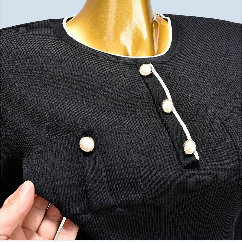 Spring & Fall O-neck Short Contrast Color Long Sleeves Pairs Qu Zhu No Pilling Knitting Silm Stretch Bottoming Shirt Pullover Slimming Women