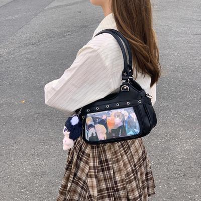 Japanische PU-Leder Y2K Spicy Girl Ita Bag - Große Kapazität Transparentes Abzeichen Umhängetasche für Studenten