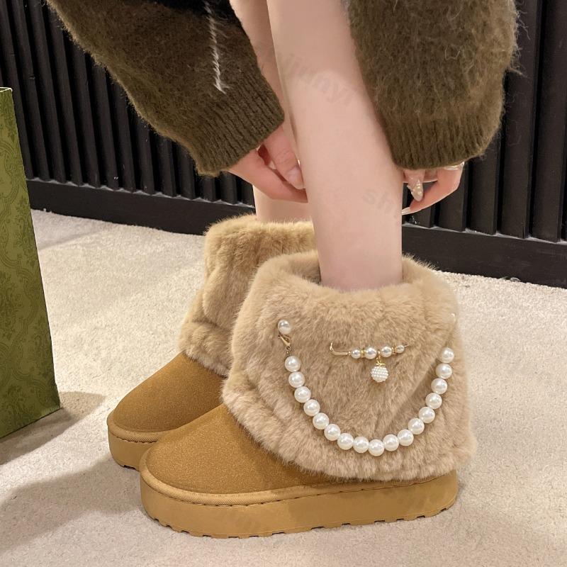Fashion Women Snow Boots 2025 Winter Plush Warm Anti Slip Comfortable Ankle Boots Fluffy Round Toe Platform Pearl Chain Cotton Boots