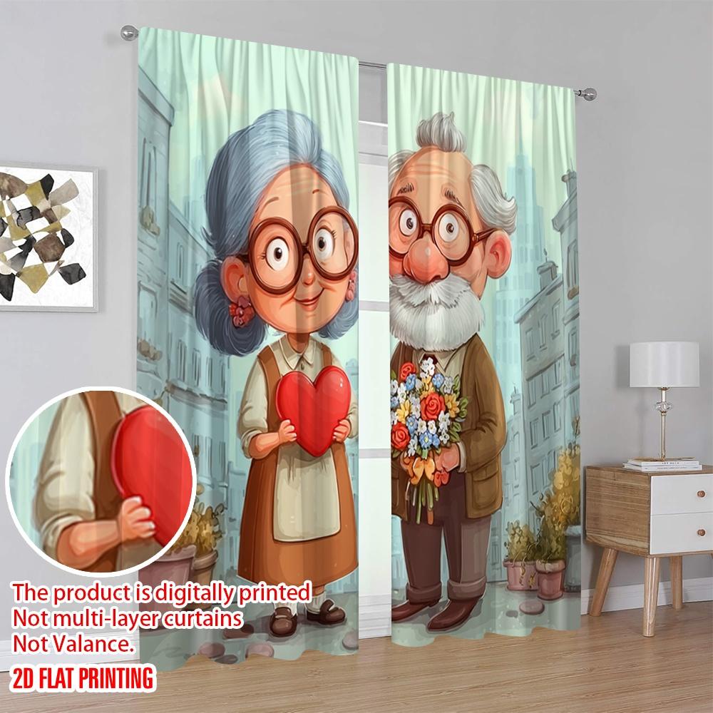 2pcs,2D Plane Printing Curtain Popular Grandmother and Grandfather Love Story Polyester Easy Install (without Rod) Holiday Ldeal