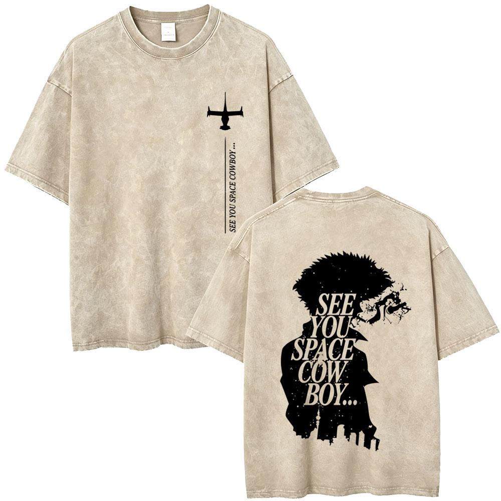 Anime Cowboy Bebop Vintage Washed T-shirt Spike Spiegel See You Space Cowboy T-shirts Manga Retro Oversized T Shirts Unisex