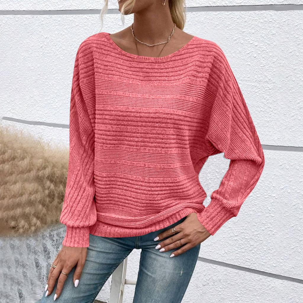 Women's Fashionable Solid Color Round Neck Long Sleeved Casual Pullover T-shirt Top