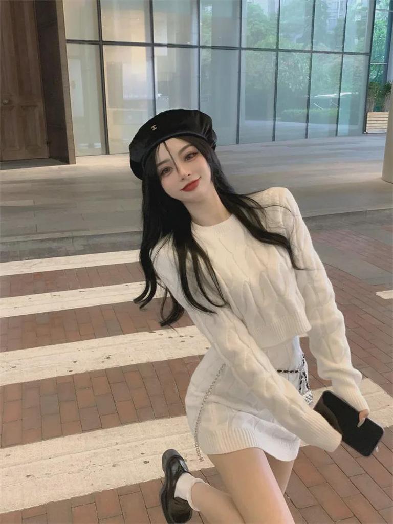 Women's Cable Knit Sweater & Skirt Set - Slim Fit Long Sleeve Top with High Waist Short Skirt