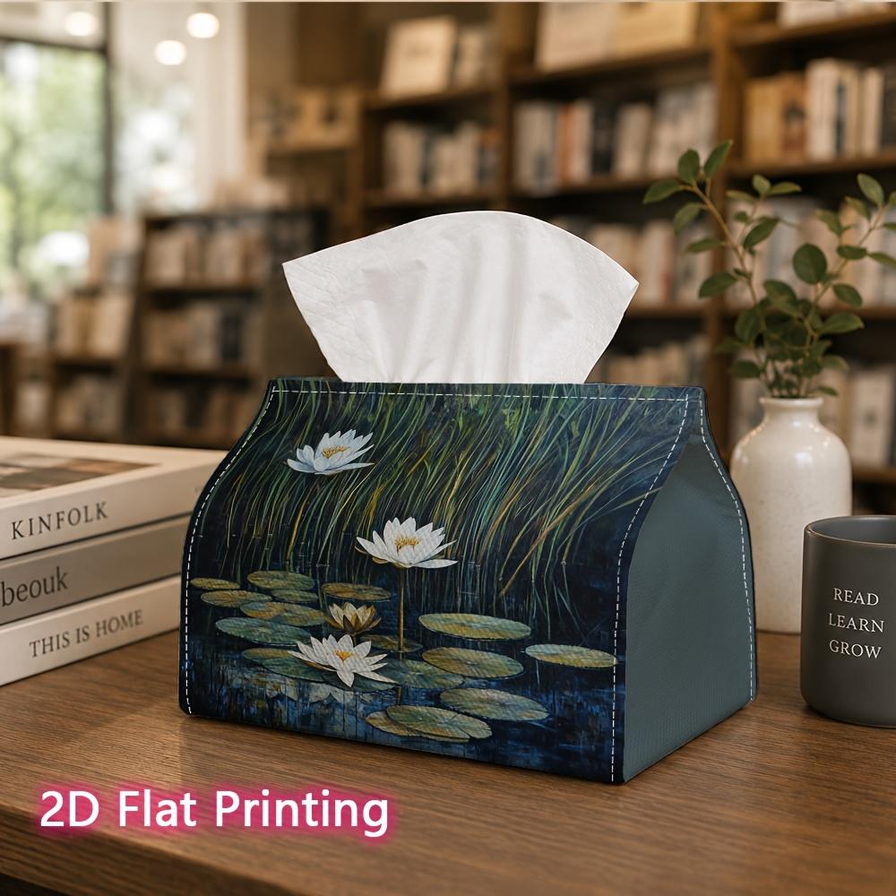1pc, 2d Flat Printing, Tissue Box White for Lotus and Water Lily Pattern Printed Tissue Box, Suitable for Vacation Home Decoration, Kitchen, Living Ro