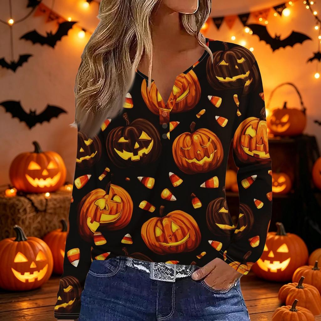 Womens Casual Halloween Print V Neck Long Sleeve Button Detail Top Lightweight Stretchy Fabric Comfortable Fit