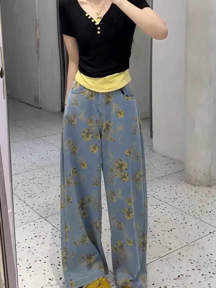 

Женские летние джинсы с принтом, широкие штанины, высокая посадка, свободные - Длина в пол, прямой крой, драпированный дизайн Extra Large