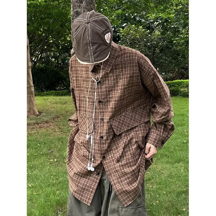 Japanese-Style Retro Large Pocket Plaid Long-Sleeved Shirt Men and Women Vintage Multi-Pocket Couple Contrast Color Shirt Coat