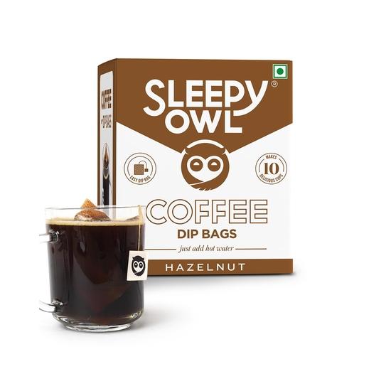 Sleepy Owl Hazelnut Ground Coffee Dip Bags | 10 Bags - Makes 10 Cups | Hot Brew - Have It As Black Coffee or with Milk