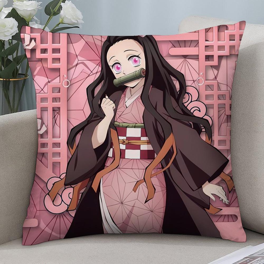 Demon S-Slayer K-Kamado T-Tanjiro N-Nezuko Pillow Case Short Plush Sofa Decorative Gift Home Double-sided Printing Cushion