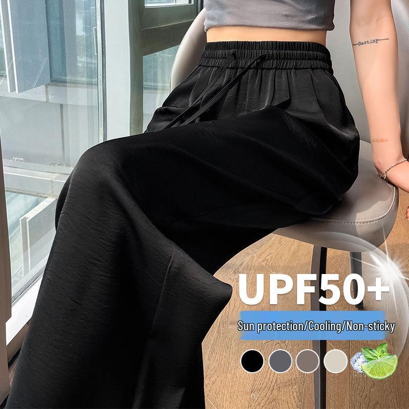 

Women s Summer 2025 High-Waist Jacquard Acetate Wide-Leg Pants - Ice Silk, Cool, Casual Sunscreen Style Regular - Black