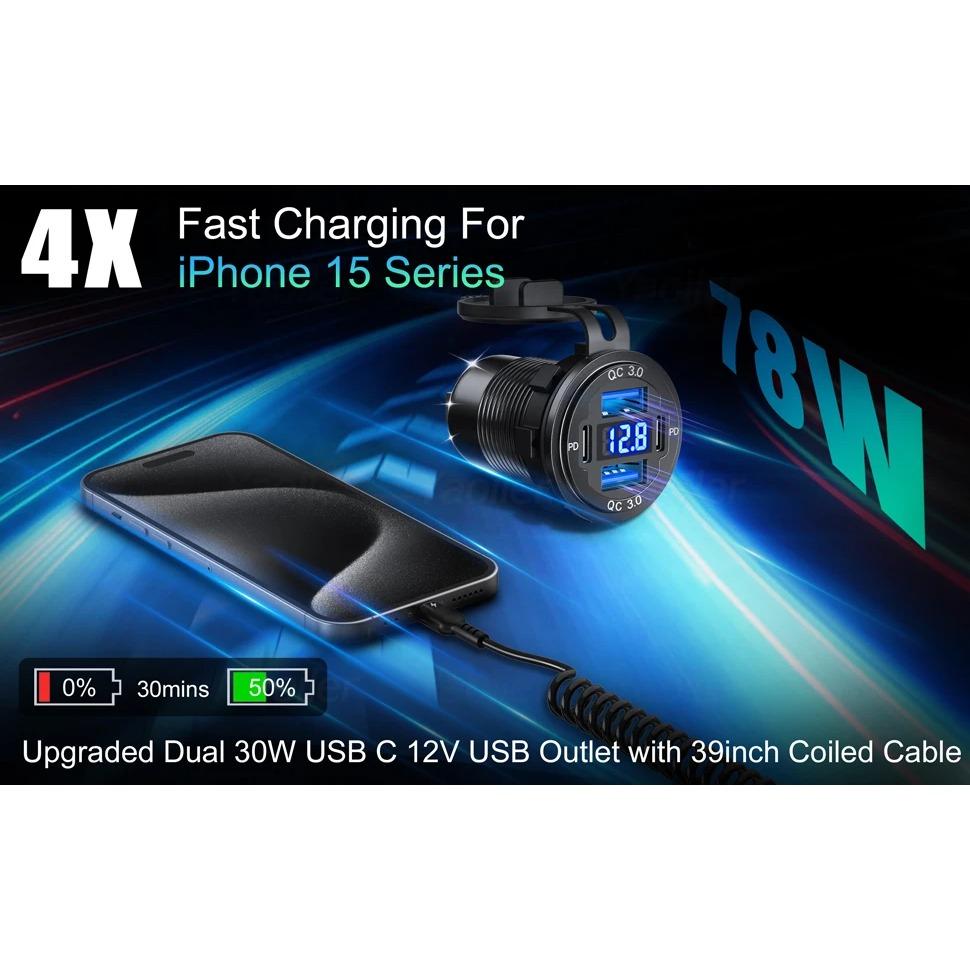 12V USB C Charger Outlet Aluminum Car Charger Socket Dual PD and Dual QC3.0 Car USB Port for Boat Marine Truck RV Motorcycle