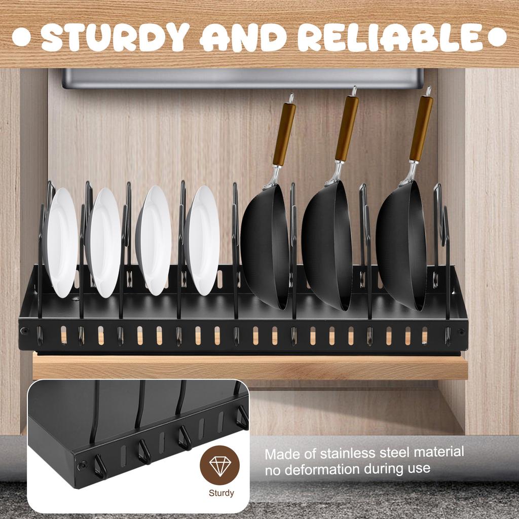 Pull Out Pans Organizer Rack with 8 Adjustable Dividers Sliding Pot and Lid Holder Kitchen Cabinet Utensils Storage Rack