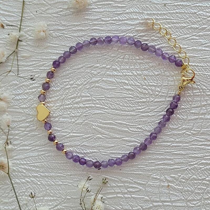 

1pc 3MM Handmade Natural Stone Amethyst Beads With Heart Stretchable Bracelets For Women Jewelry Gift аметист