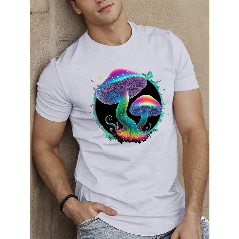Europäische Größen Herren Kurzarm-T-Shirt mit zwei leuchtenden Pilzen in kosmischem Design für den Sommer.