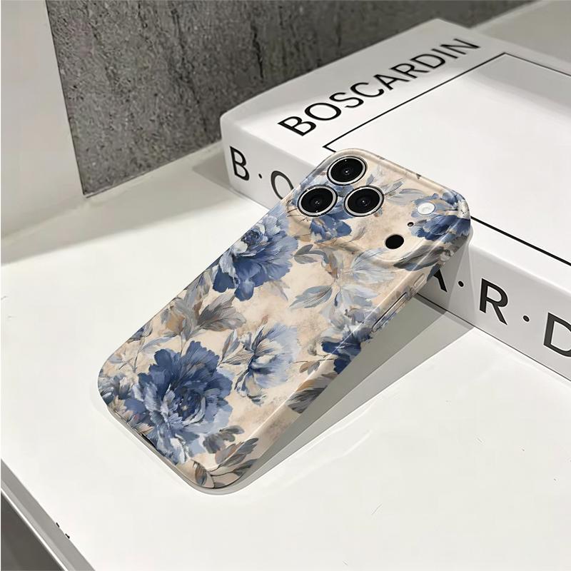 Vintage Distressed Pastel Blue Floral Peony Watercolor Art Graphic Film Aesthetic Protective ShockproofBumperCase Cover For iPhone1415161718ProMaxPlus