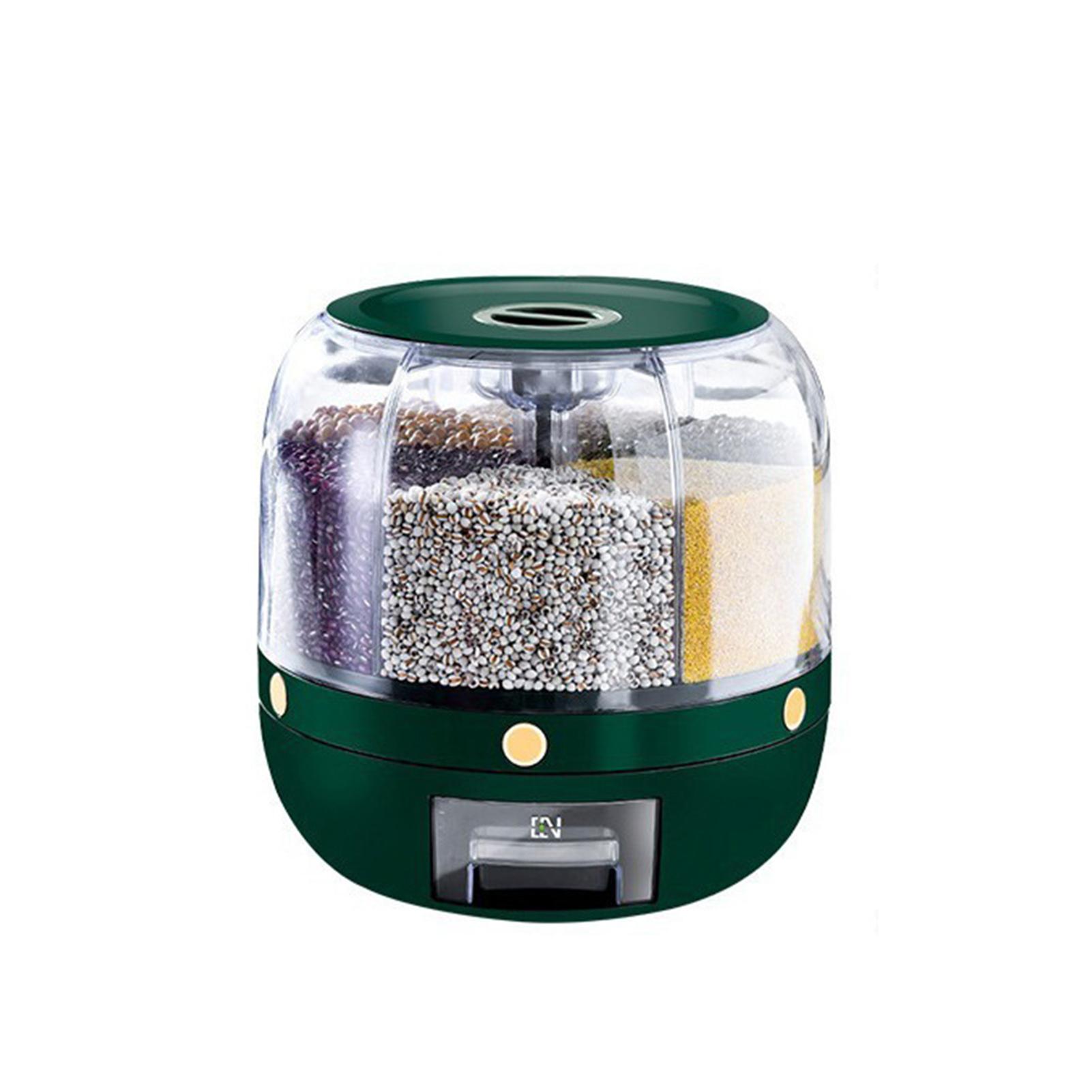 

Вращающийся на 360° дозатор зерна, бытовая влагонепроницаемая 6-сеточная коробка для хранения риса, кухонная прозрачная герметичная банка для орехов и хлопьев Large темно-зеленого