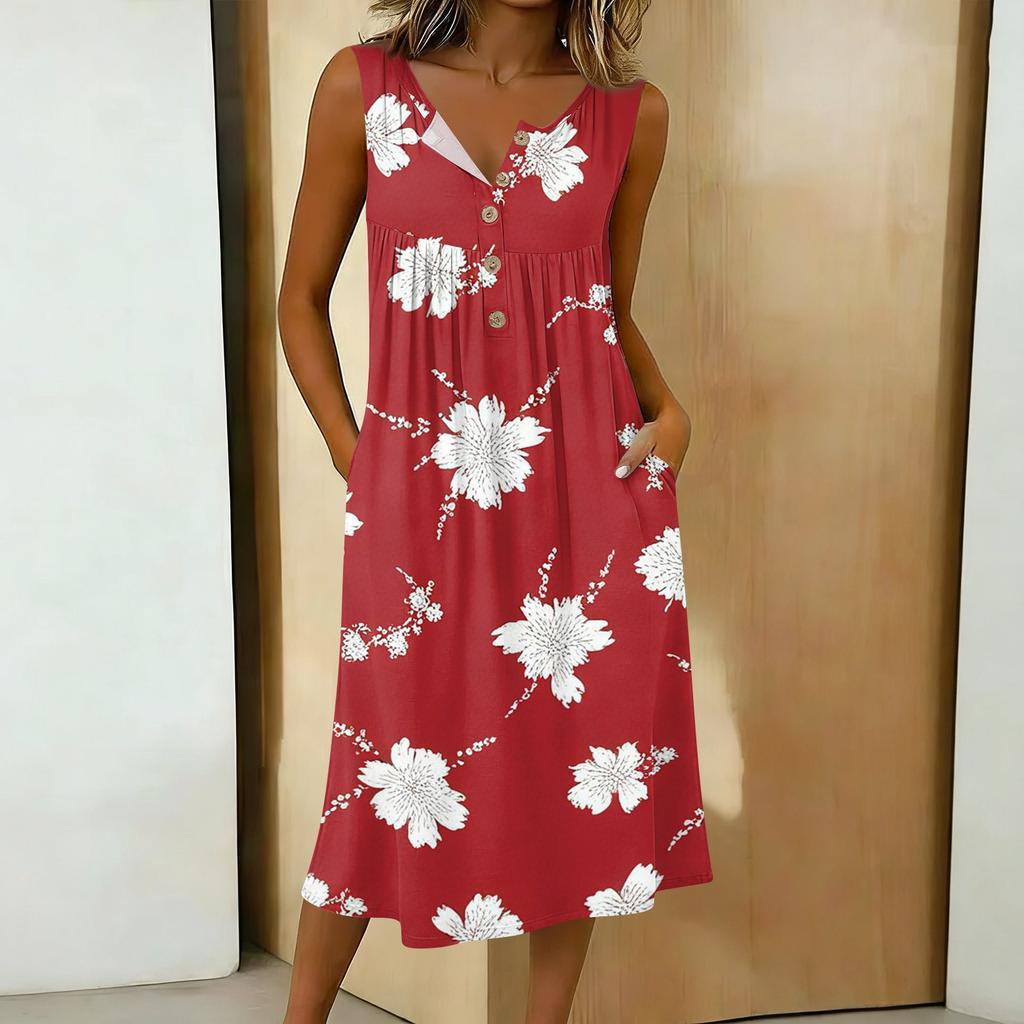 Women's Casual Sleeveless Button-down Mid-length Dress