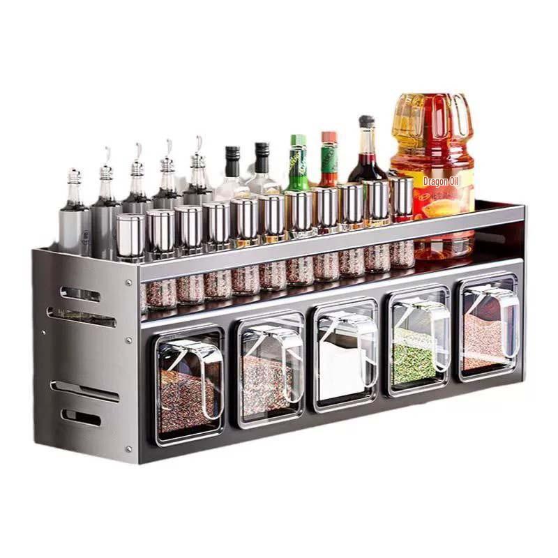 Raft de depozitare pentru bucătărie montat pe perete cu borcane pentru condimente