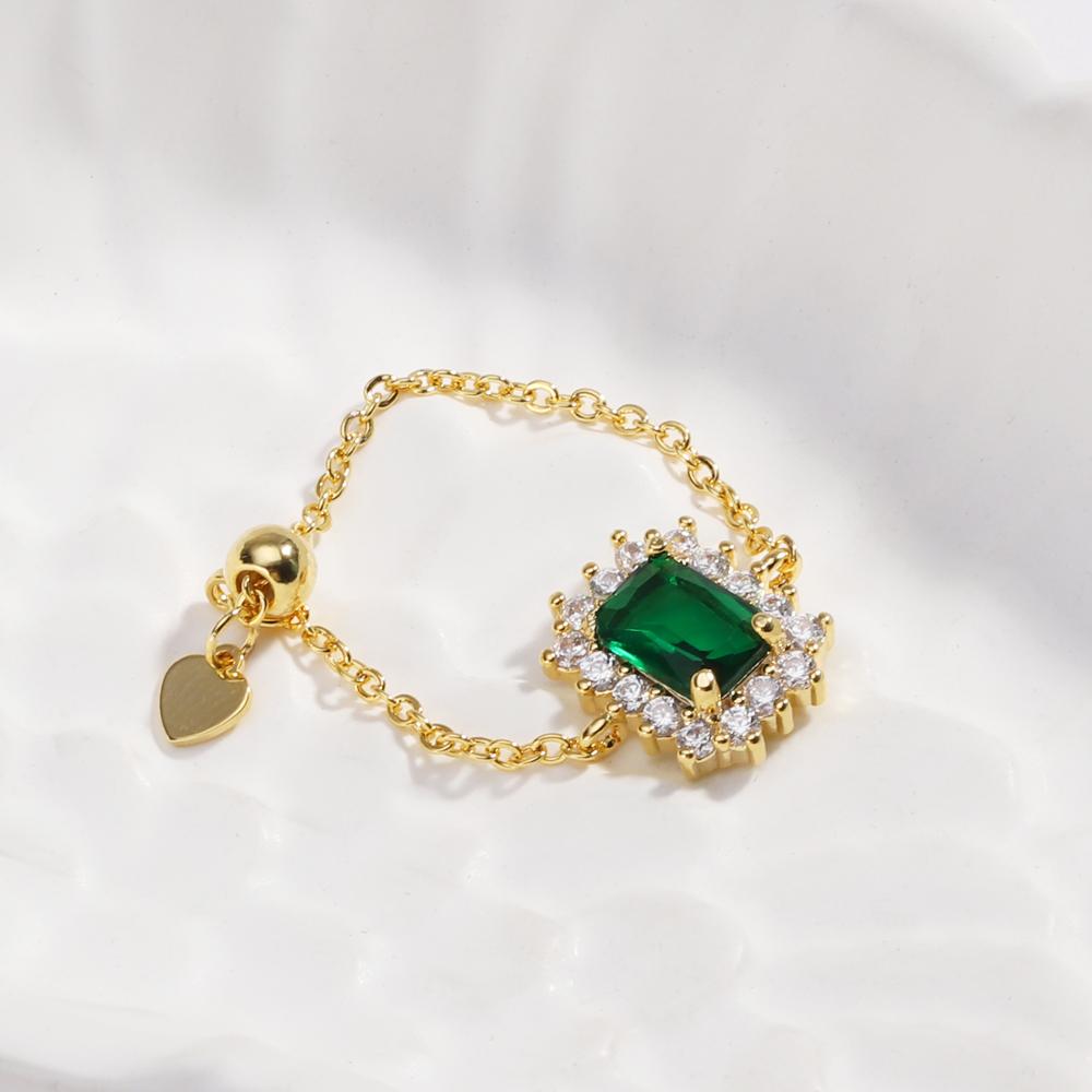 

Green Red Purple CZ Link Chain Ring Trendy 18K Gold Plated Adjustable Charm Cubic Zirconia Rings For Women Wedding Jewelry resizable
