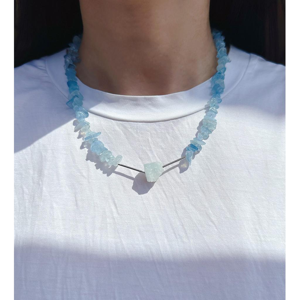 Summer Cool And Icy Imported Natural Aquamarine Beaded Necklace Silver Rock Sugar Square Earrings Set 456