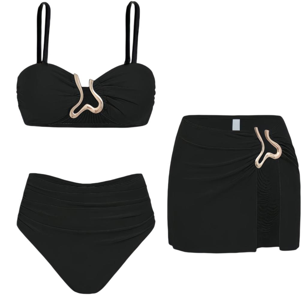 Dekoratif Tasarımlı Kadınlar İçin Yüksek Bel Bikini Üstü, Altı ve Uyumlu Etekten Oluşan Üç Parçalı Mayo Seti