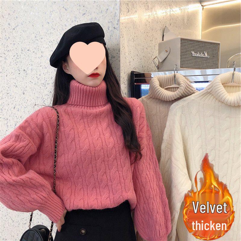 Dámský silný copánkový svetr s vysokým límcem - 2025 Zimní volný pulovr, Všestranný top jako vnitřní vrstva