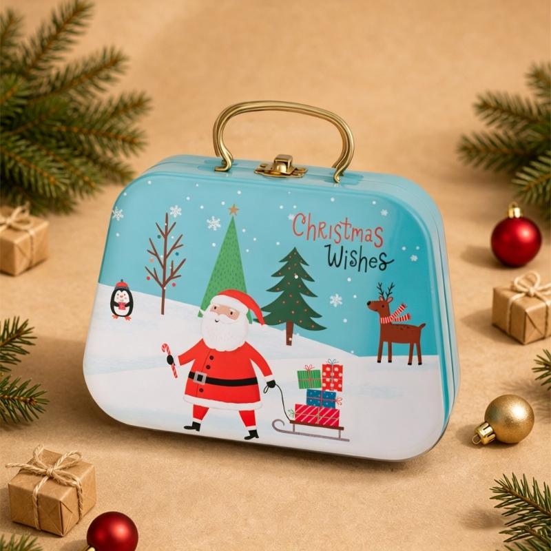Holiday Gift Tin Box Christmas Metal Treat Container with Handle and Lid Closure for Small Gifts, Dessert Table Use