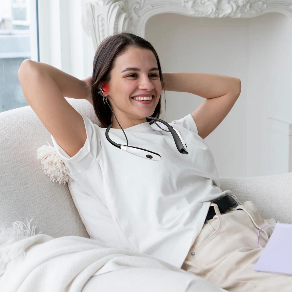 Bärbar 2-i-1-enhet för lindring av öron och näsa – 650 nm rött ljusterapi för tinnitus och nästäppa – Handsfree