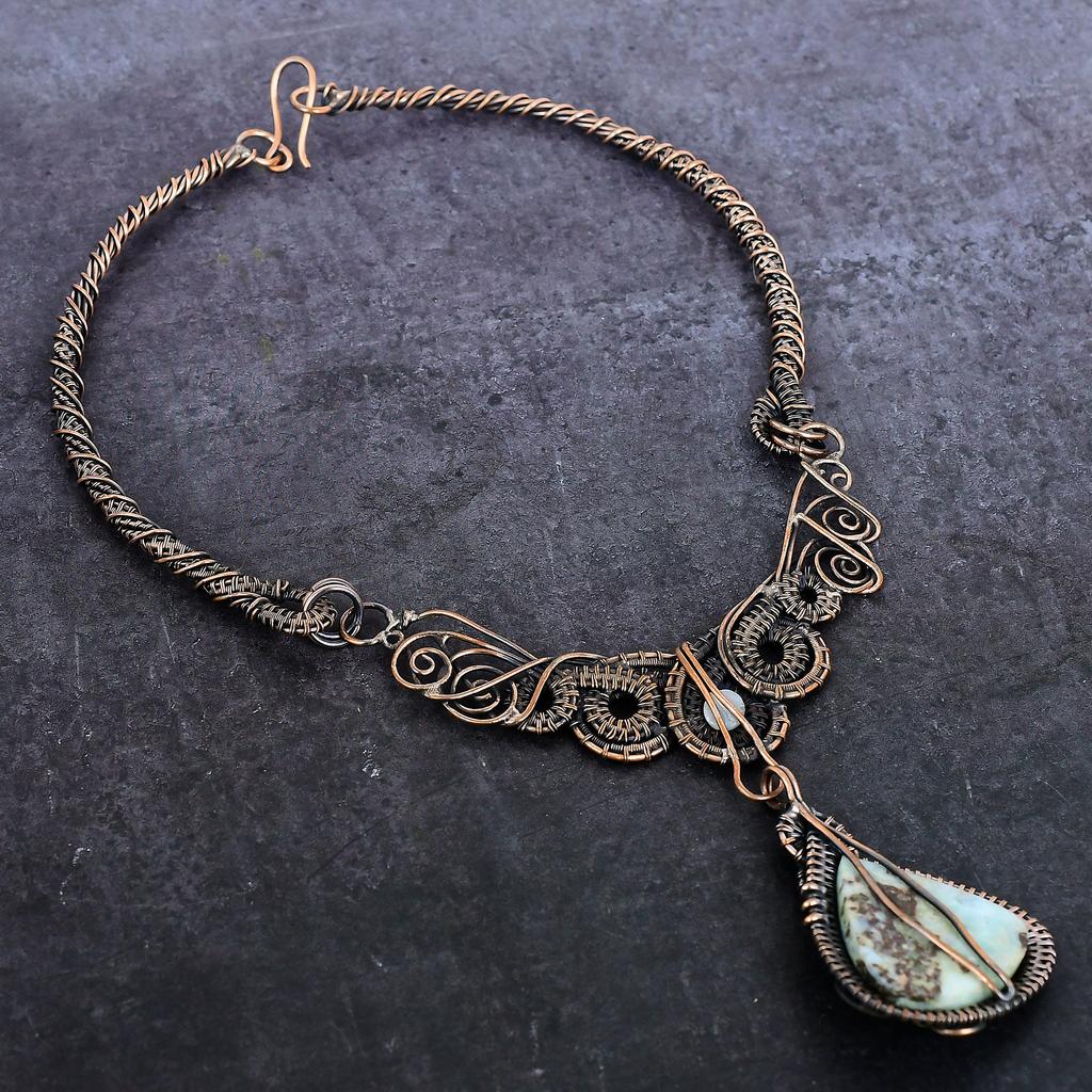 Natural Larimar, Moonstone Gemstone Copper Wire Wrap Jewelry Necklace 18" V5r71